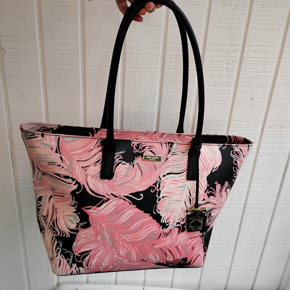 Kate Spade Brightwater Drive Jules Large Tote Regal Plume Feather Black Pink